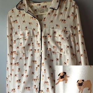 LOFT Button Down Blouse Pug Print